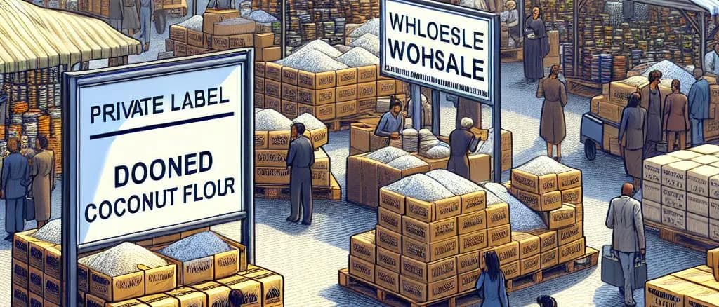 Various dried coconut flour packaging on a wooden table setup