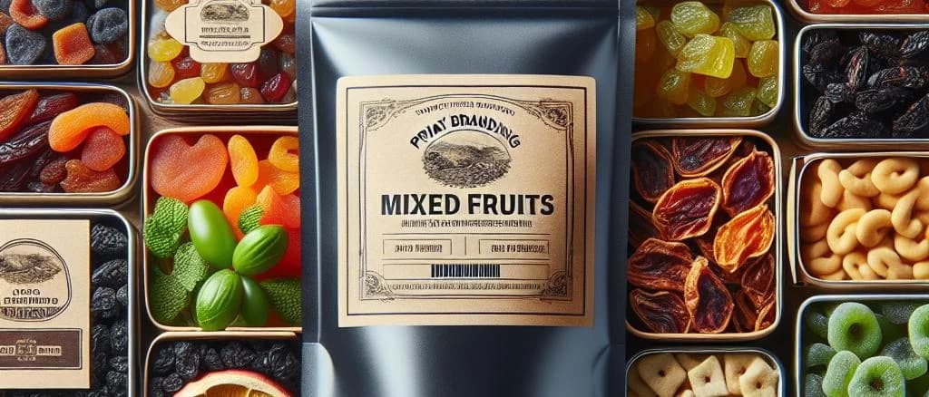 assorted dried mixed fruits in varied packaging on a neutral background