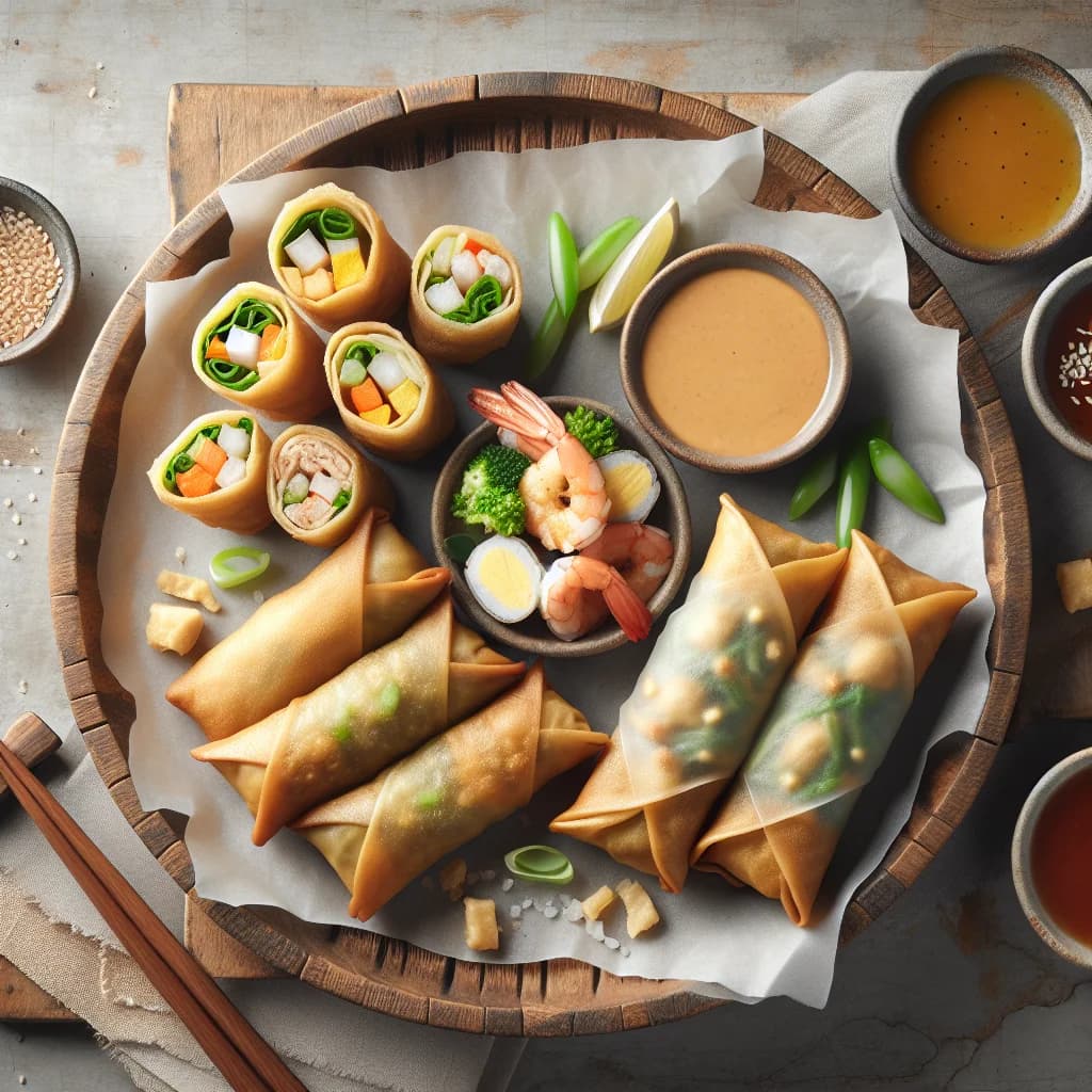 assorted egg rolls on a wooden platter with dipping sauces, highlighting different varieties and packaging for wholesale and B2B sourcing