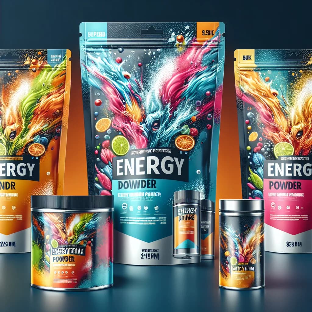 energy drink powder variations with vibrant packaging