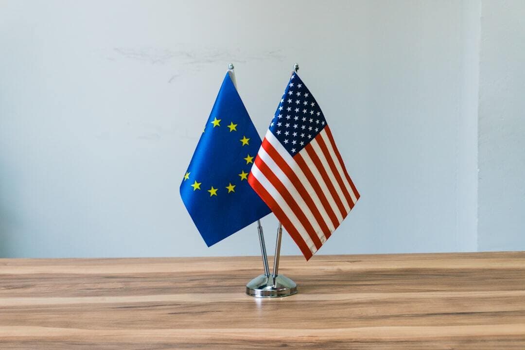 European union and us flags on a table