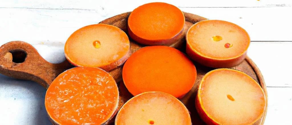 Assorted Extra Old Mimolette cheese wheels and wedges on wooden boards