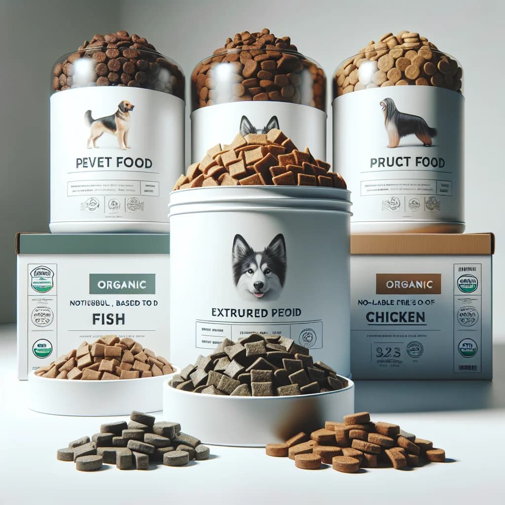 premium extruded pet food in bulk packaging with multiple product variations on a clean white background