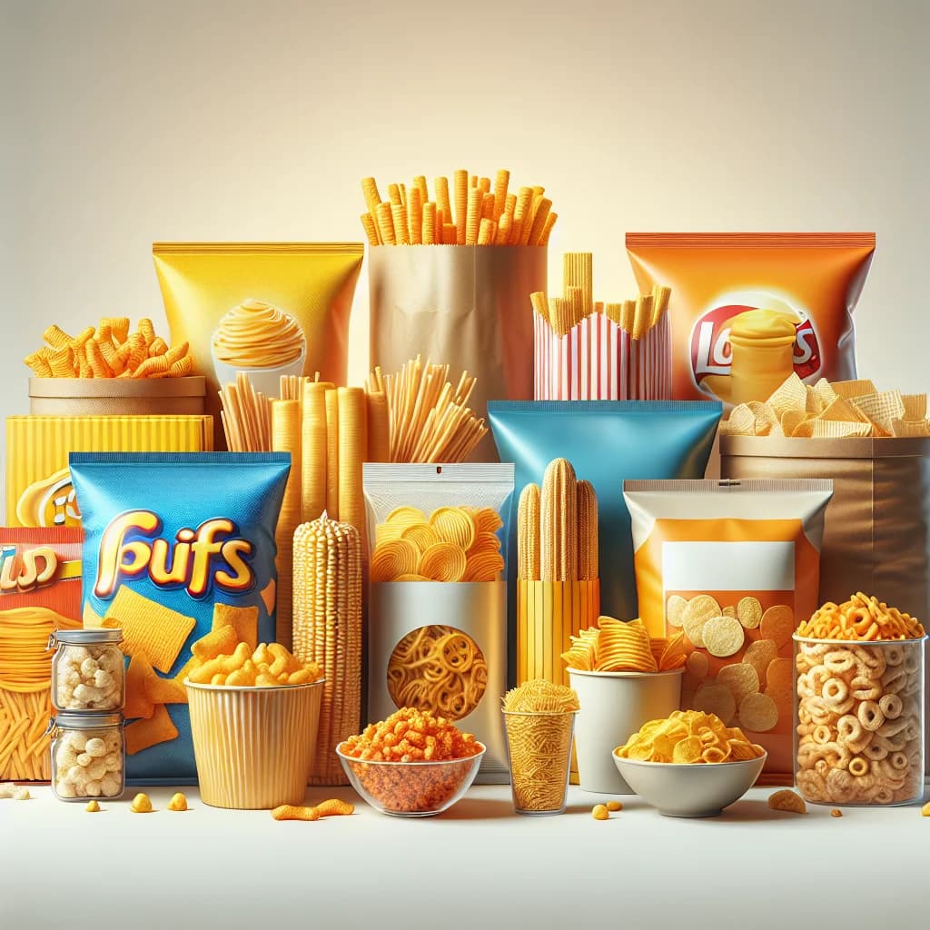 assorted extruded snack food varieties with colorful packaging on a clean background
