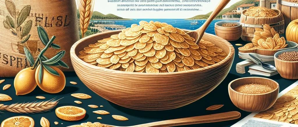 packaging and variations of extruded spelt flakes on a rustic wooden background