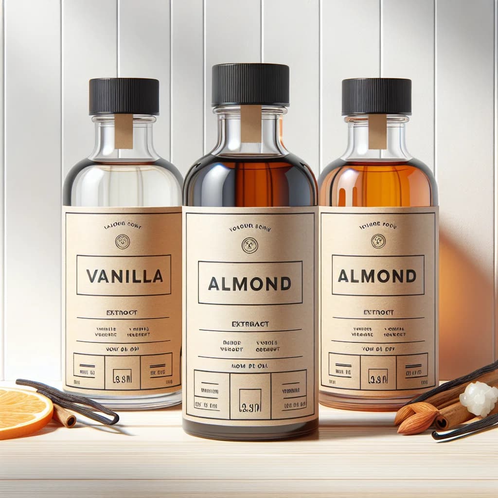 variety of flavor and extract bottles in professional packaging on a clean backdrop