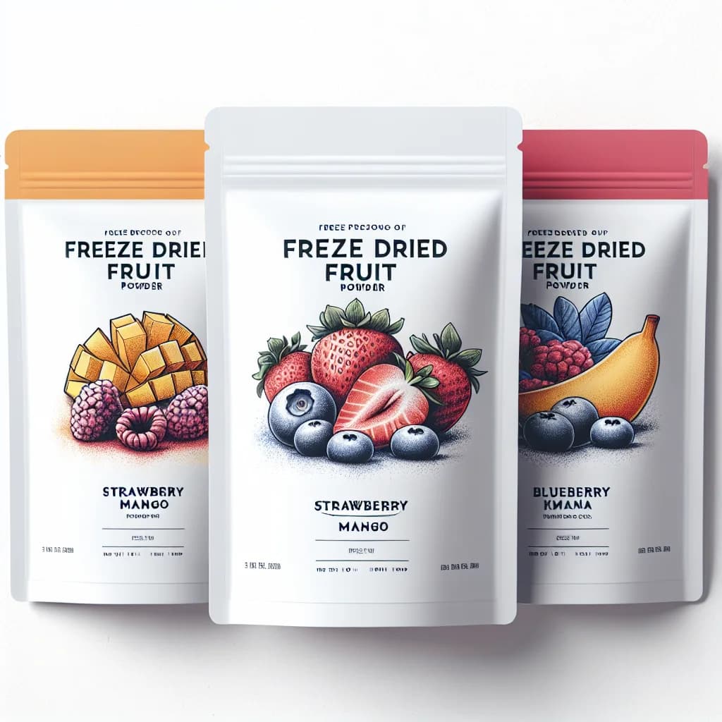 freeze dried fruit powder variations with colorful packaging on clean background