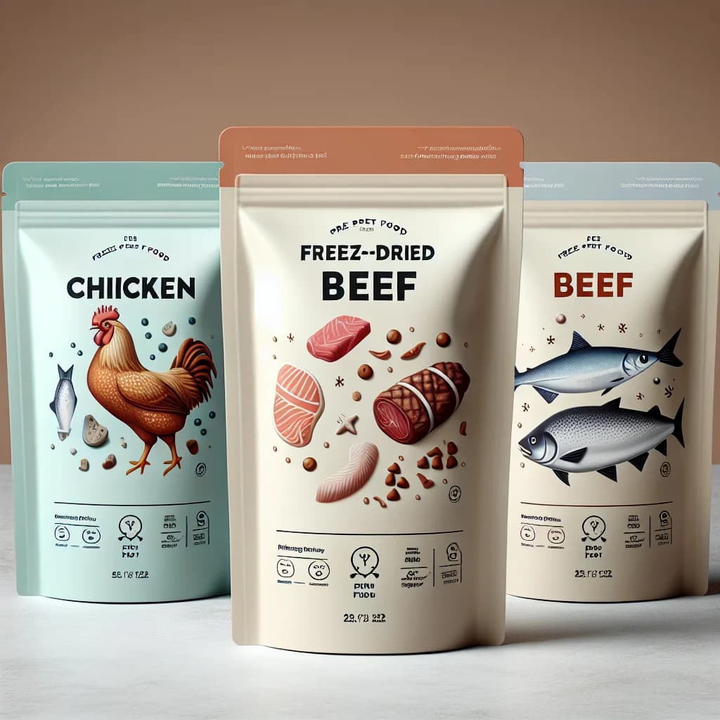 freeze dried pet food packaging with variations displayed on a clean background