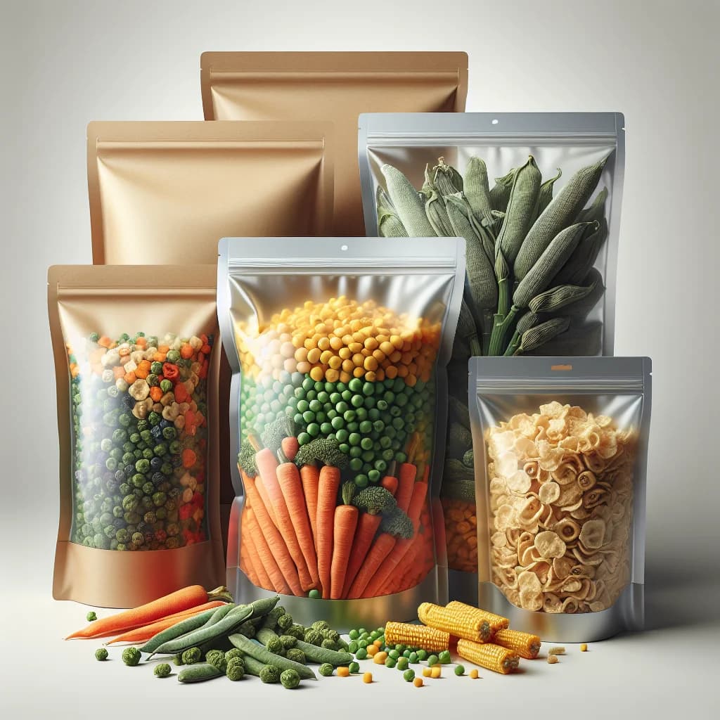 freeze dried vegetables assortment in bulk packaging on a clean background