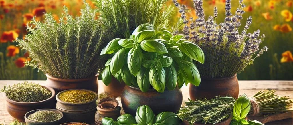 Fresh aromatic plants with diverse variations, showcasing different packaging options such as bunches and potted plants on a natural background