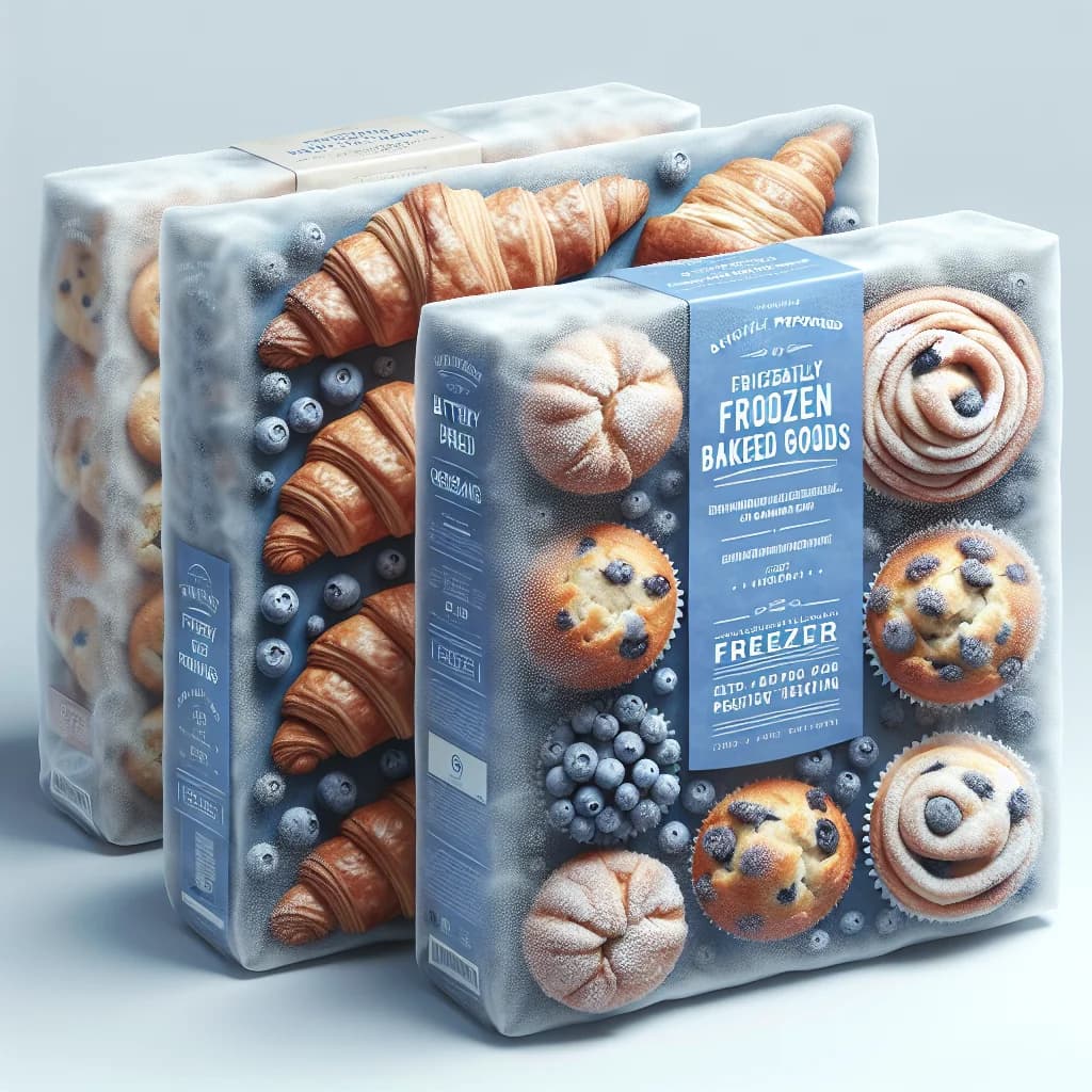 frozen baked goods assortment including croissants, muffins, and artisan breads in stylish packaging on a clean, chilled background