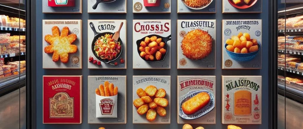 Variety of frozen hash browns with different packaging and settings