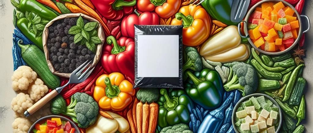 Frozen mixed peppers in different packaging options on a neutral background