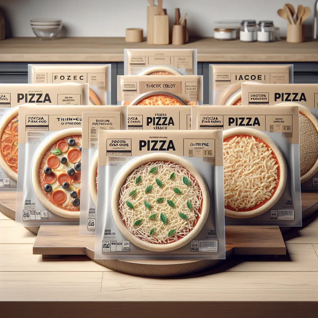 frozen pizza crust in various styles with packaging on a clean kitchen counter