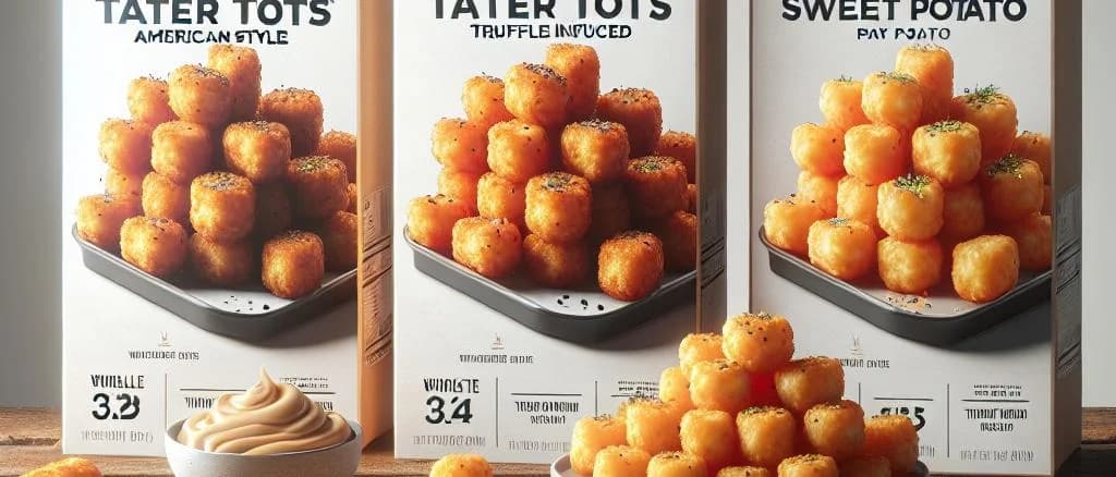 assorted frozen tater tots in different packaging with a frosty background
