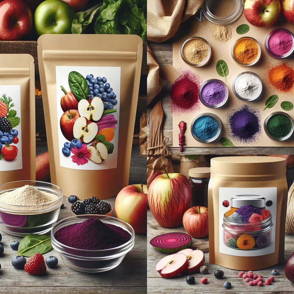fruit and vegetable powder in eco-friendly packaging with vibrant colors showcasing various produce types