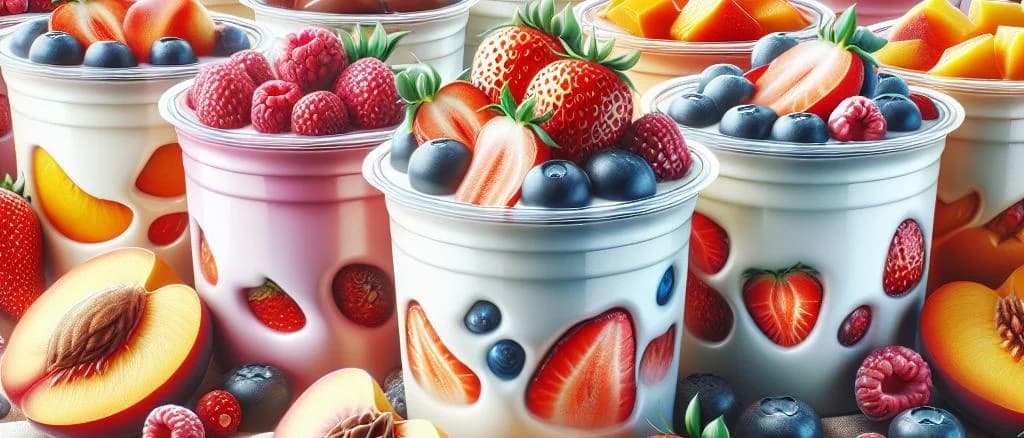 Fruit yogurts with chunks in various packaging on a white background