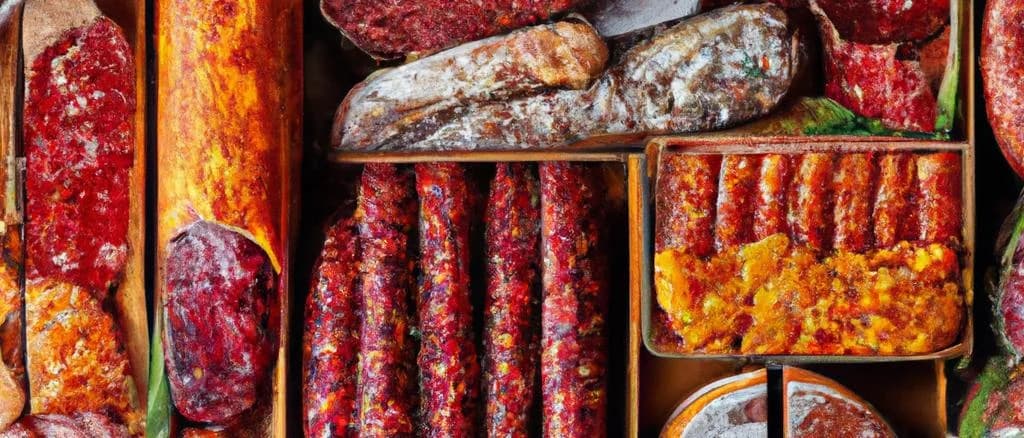 German meat products assortment on rustic wooden board