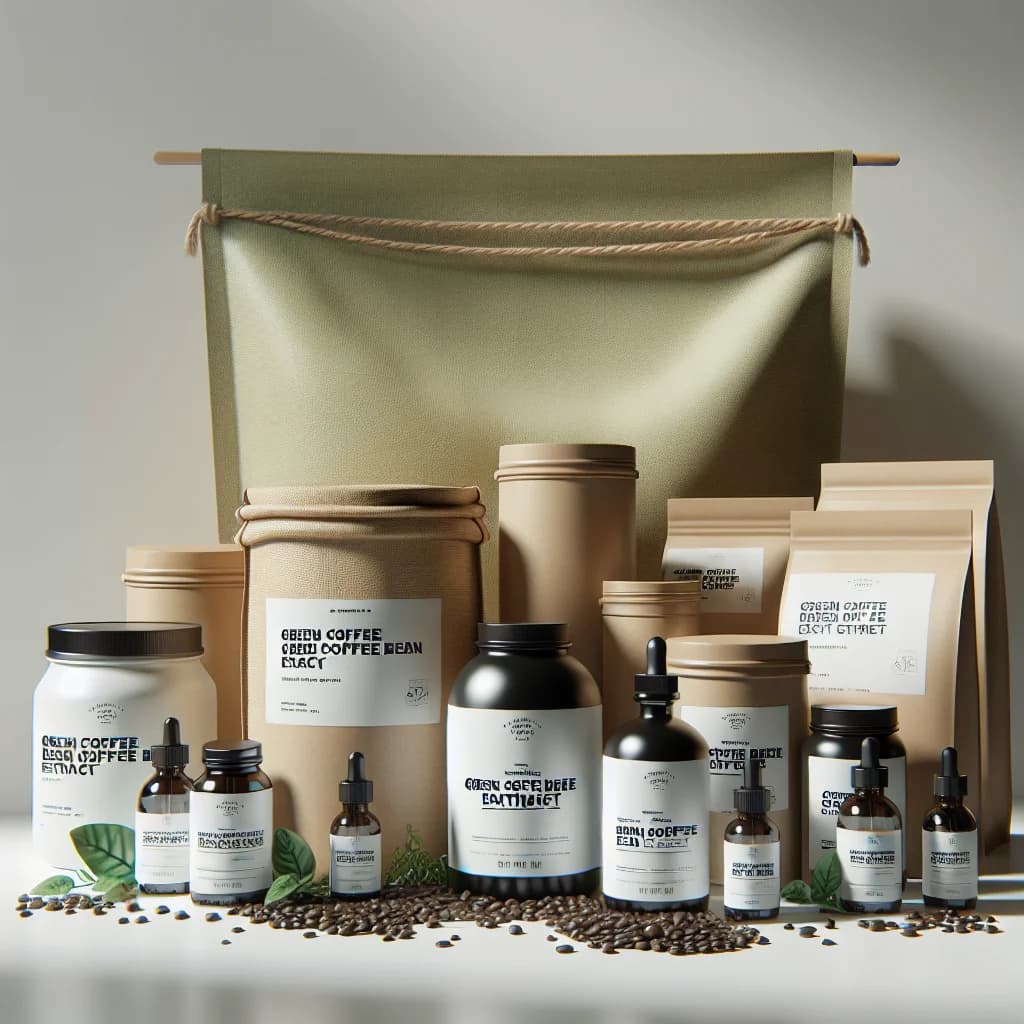 green coffee bean extract packaging with variations in bulk and private label designs