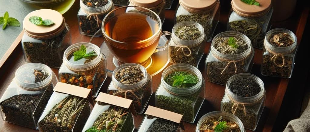 Green teas with mint in varied packaging surrounded by fresh mint leaves