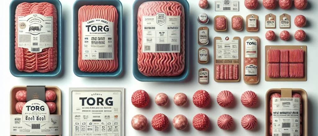 variety of ground beef meat products with different packaging options on a wooden background