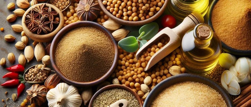 Two variations of ground fenugreek seeds in different packaging on a wooden countertop, with a rustic kitchen background
