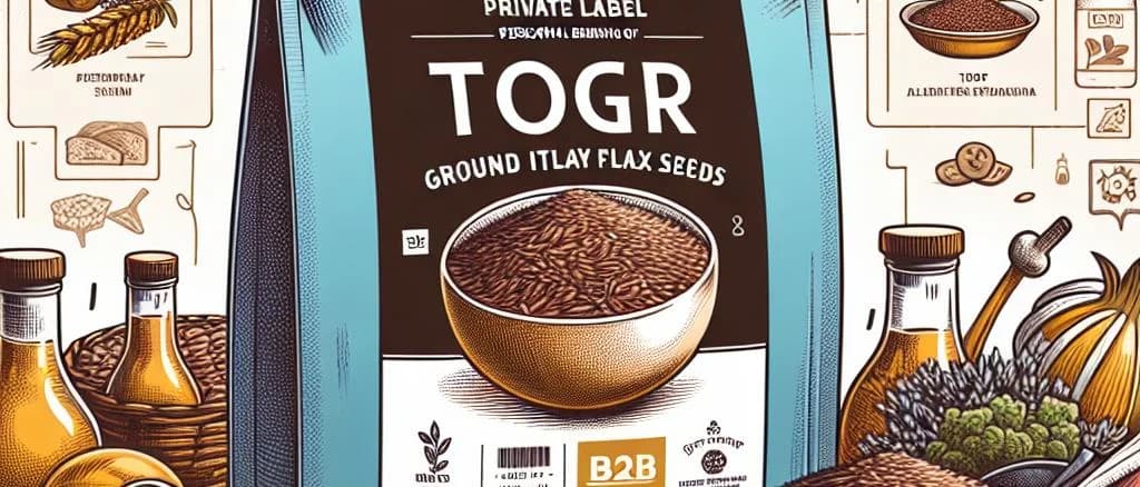 Various packaging of ground flax seeds on wooden surface