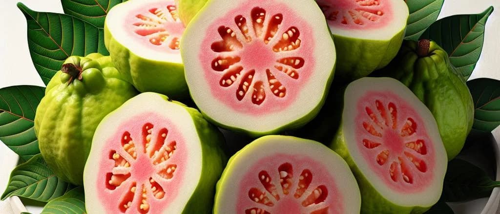 ripe tropical guavas on different backgrounds