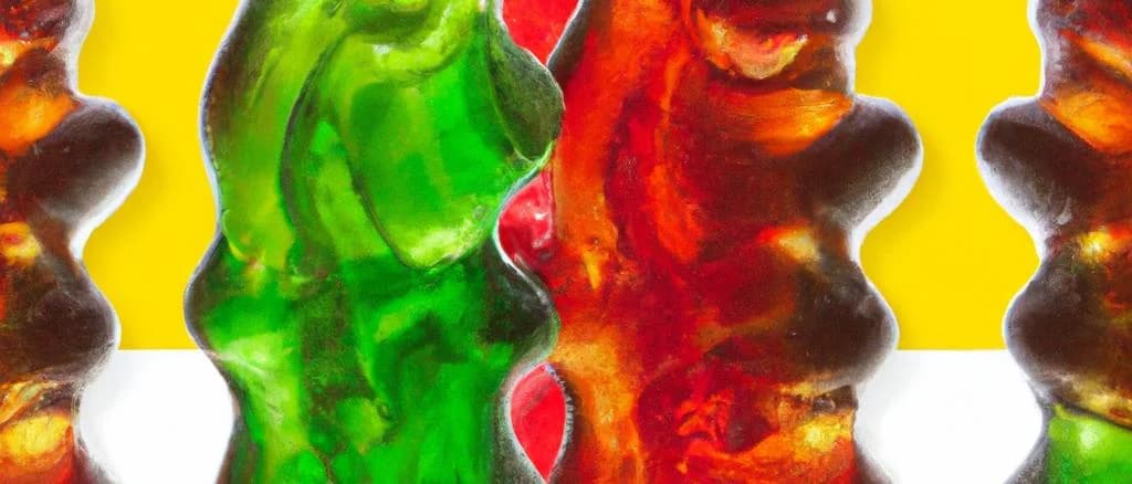 Assorted Gummy Cola Bottles on colorful backgrounds