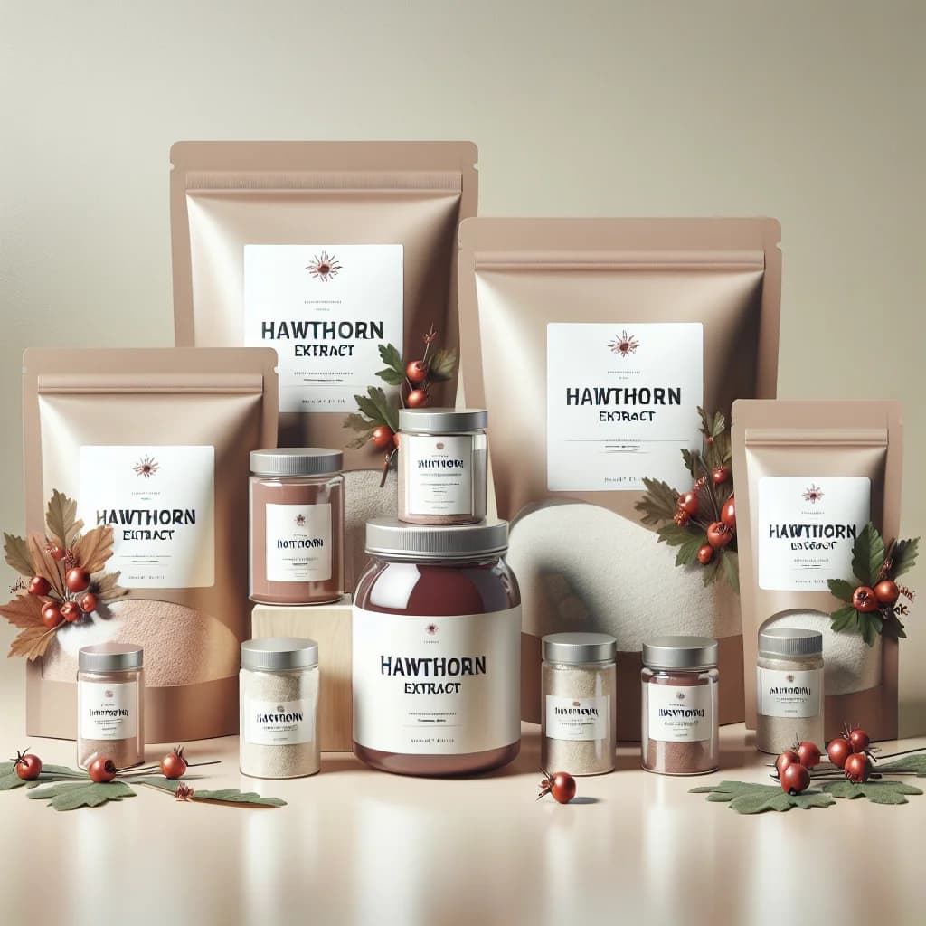 packaging variations of Hawthorn Extract Powder in bulk and private label formats on a clean, professional backdrop