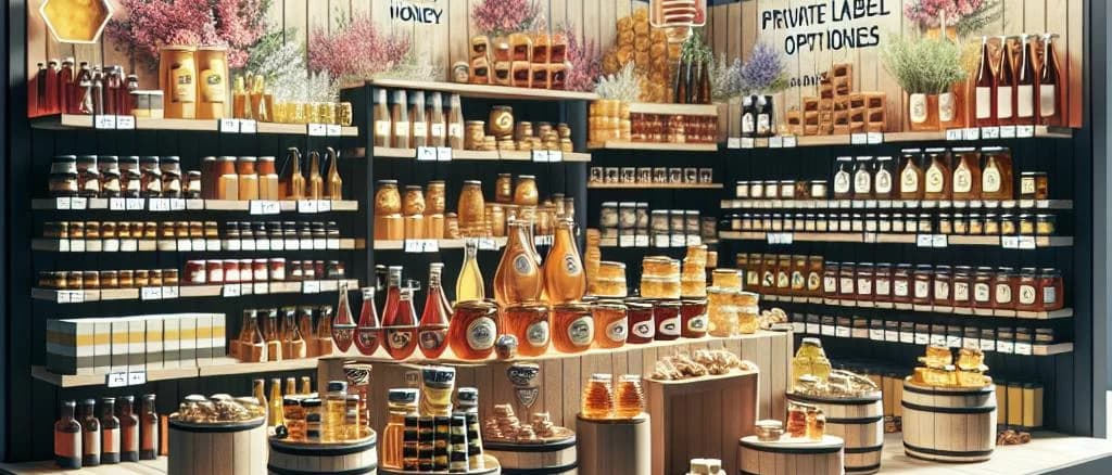 Various honey-based preparations including jars of raw honey, honey spreads, and honey-infused syrups on a rustic wooden table