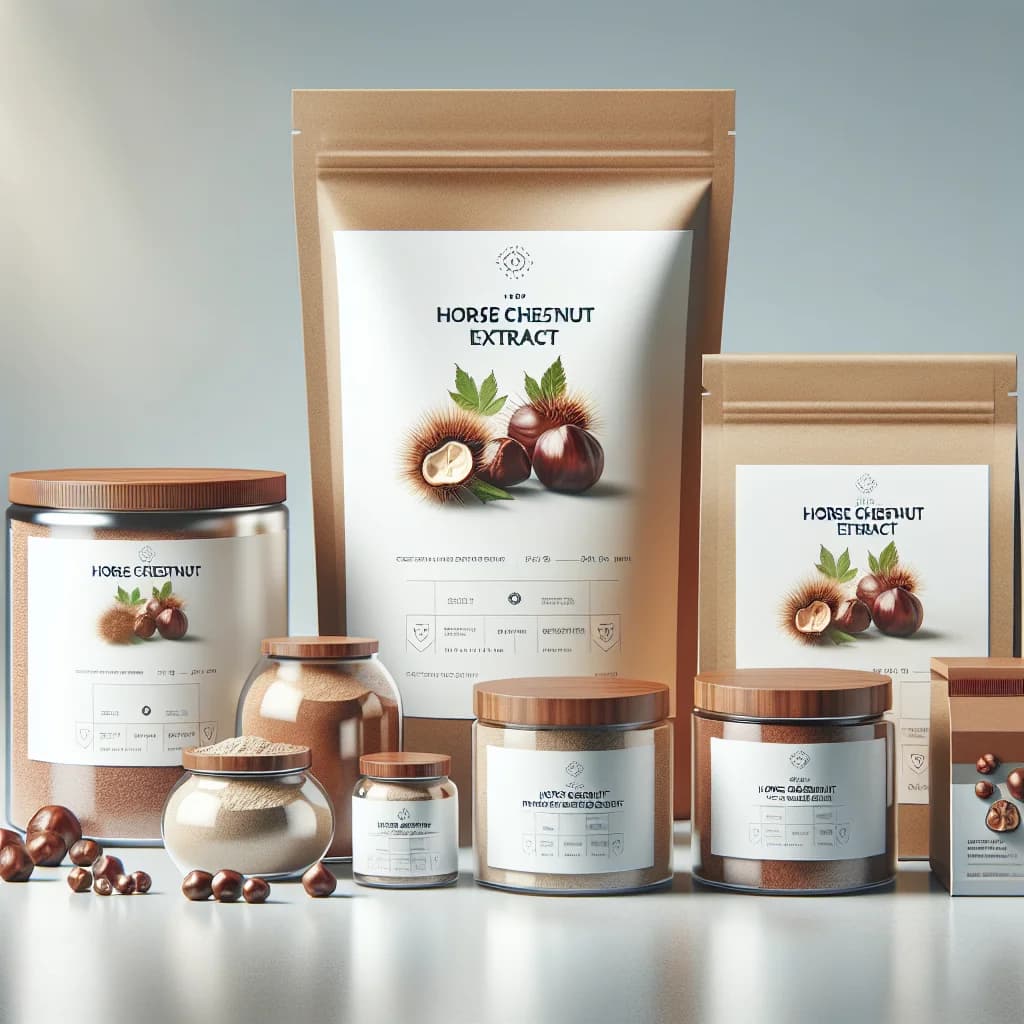 horse chestnut extract powder packaging in bulk and private label options on a clean white background