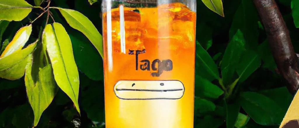 Various mango-flavored iced tea bottles and packaging on a modern background