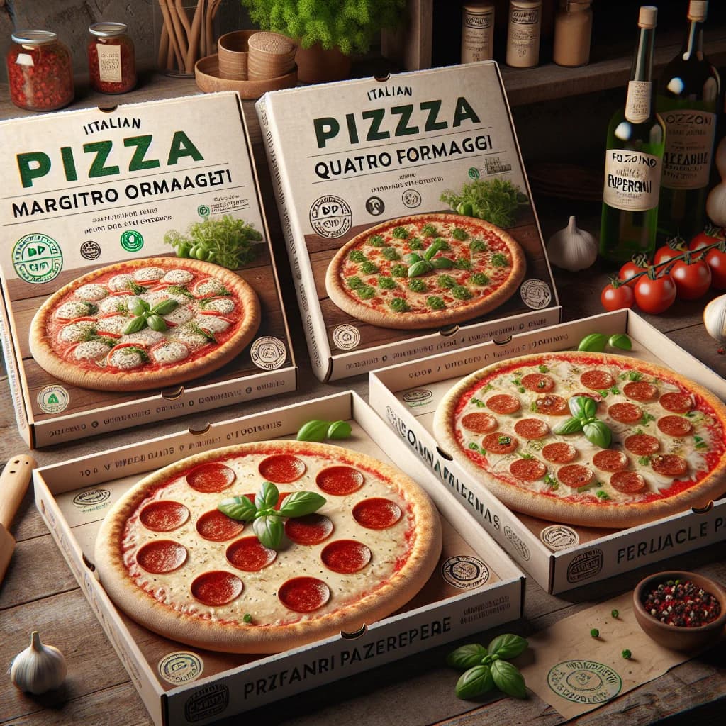 assorted Italian frozen pizzas with different toppings in premium packaging on a wooden countertop