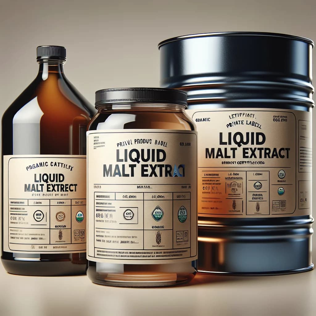 various liquid malt extract packaging options on a professional display with a neutral background
