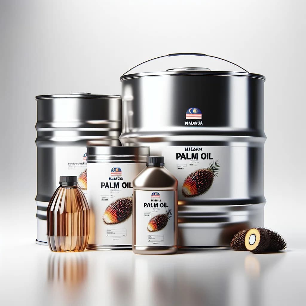 premium malaysia palm oil bottles and drums in clean packaging on a white background