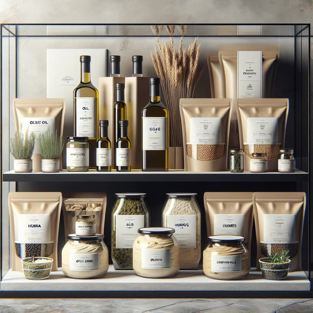 assorted Mediterranean food products including olive oil, hummus, and dried herbs with clean packaging on a neutral background