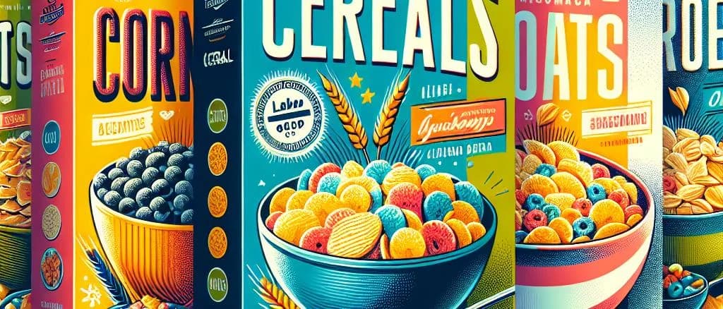 Assorted mixed cereal flakes in different packaging styles on a rustic wooden background