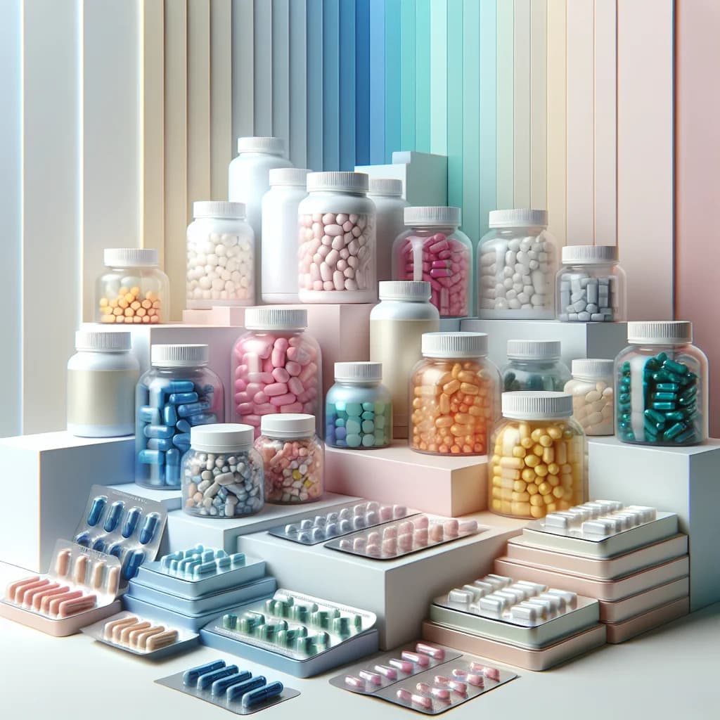 colorful multivitamins capsules in sleek packaging on a clean white and pastel background