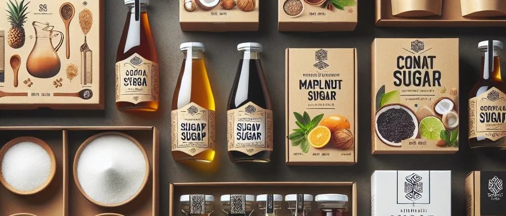 natural sugar substitutes in varied packaging on a light wooden background
