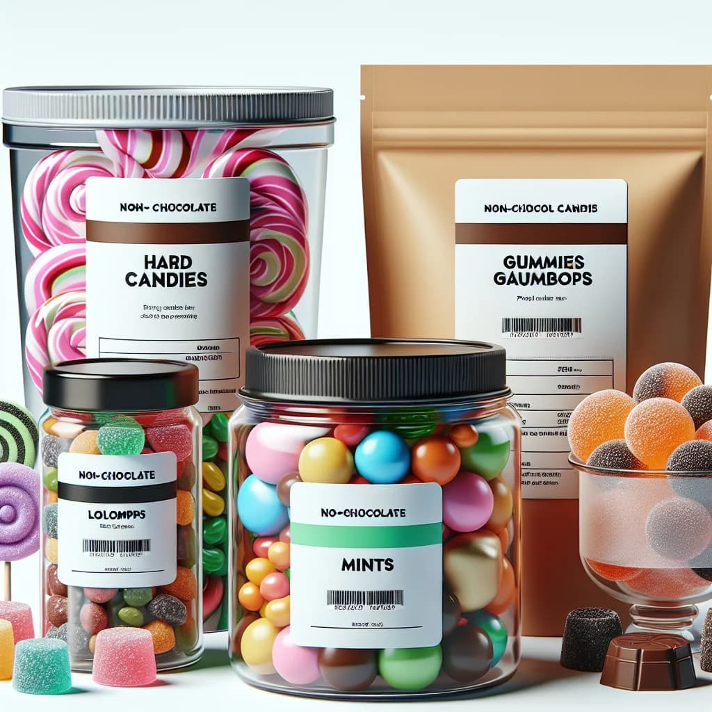 assorted non-chocolate candies in colorful packaging on a clean white display