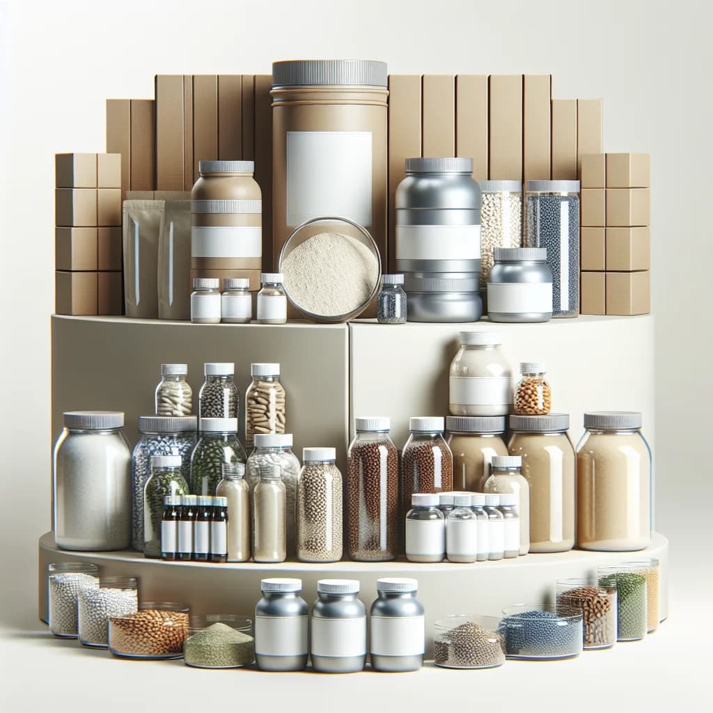 variety of nutritional supplements in bulk packaging with premium labeling on a clean white background