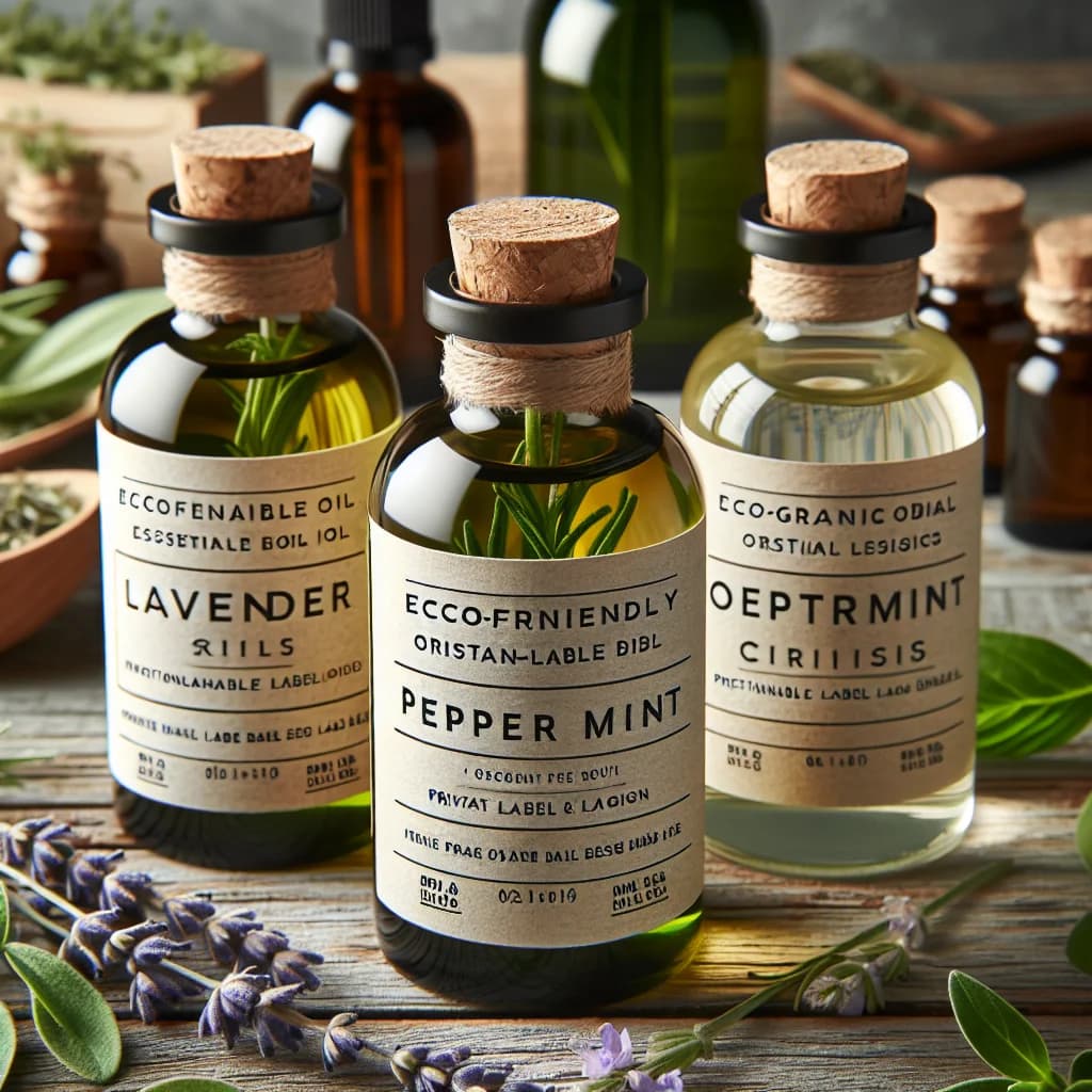 organic essential oil bottles with sustainable packaging and variations in lavender, peppermint, and citrus blends on a rustic wooden background