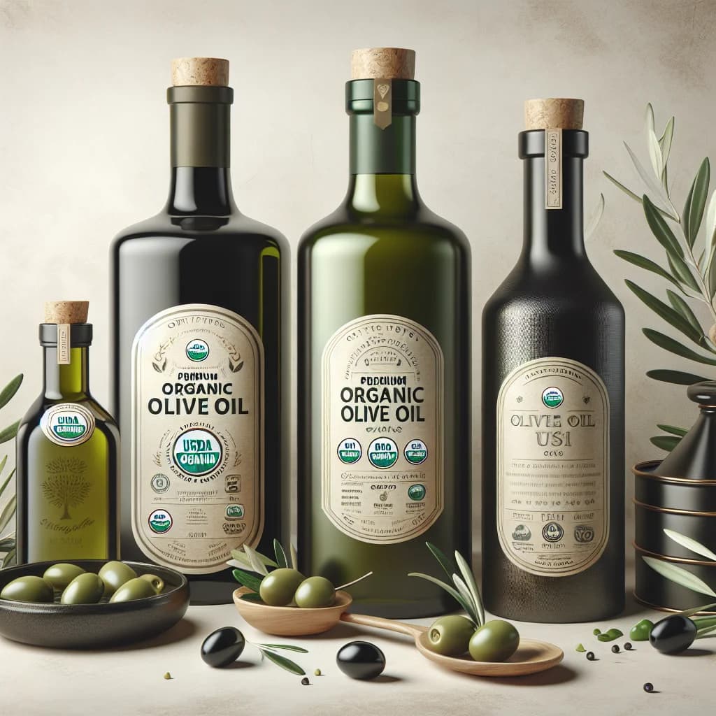 premium organic olive oil bottles in assorted packaging on a wooden countertop with neutral background