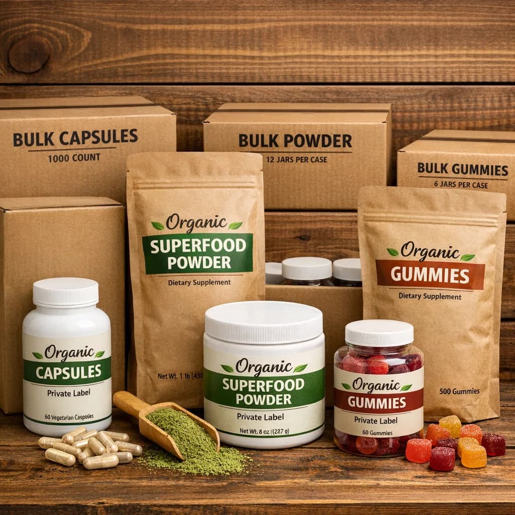 Organic health supplement packaging variations with eco-friendly design, shown in bulk and private label formats on wooden surface.