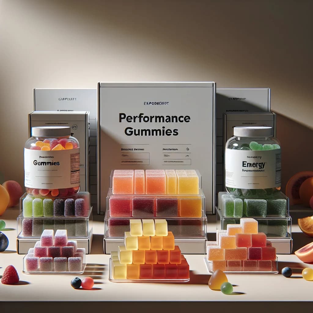 assorted performance gummies in various packaging options, ideal for B2B buyers, displayed on a clean background