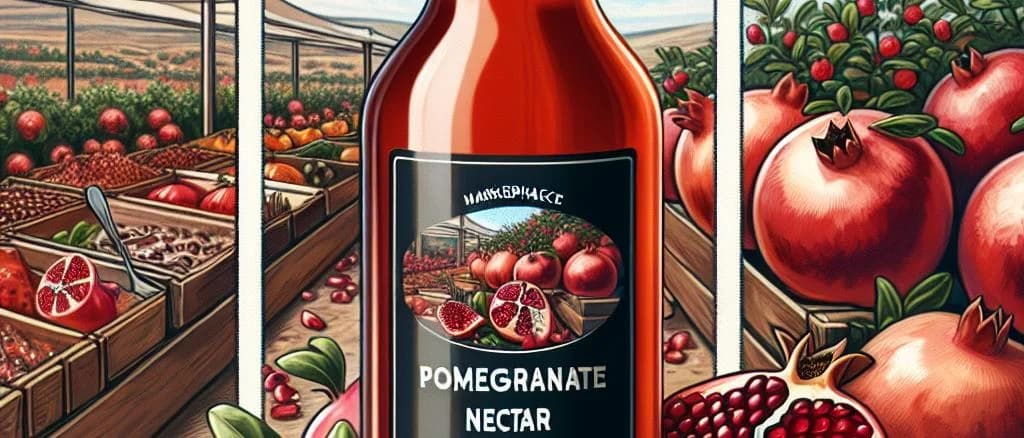 Assorted pomegranate nectar bottles with varying designs on a rustic wooden table