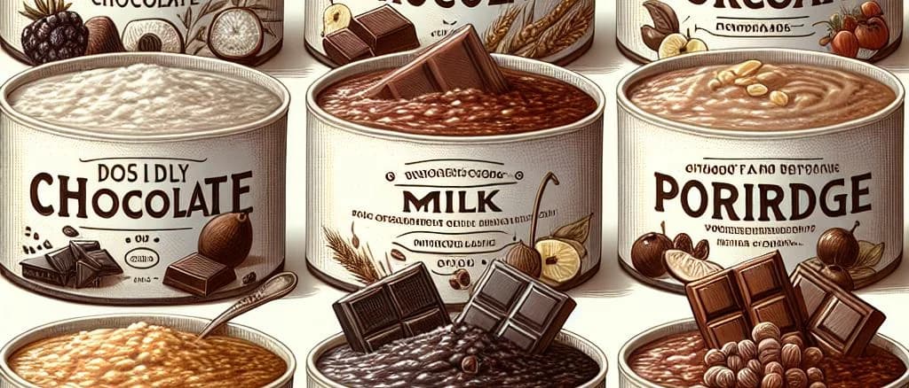 Variations of porridge with chocolate, gourmet packaging, no people