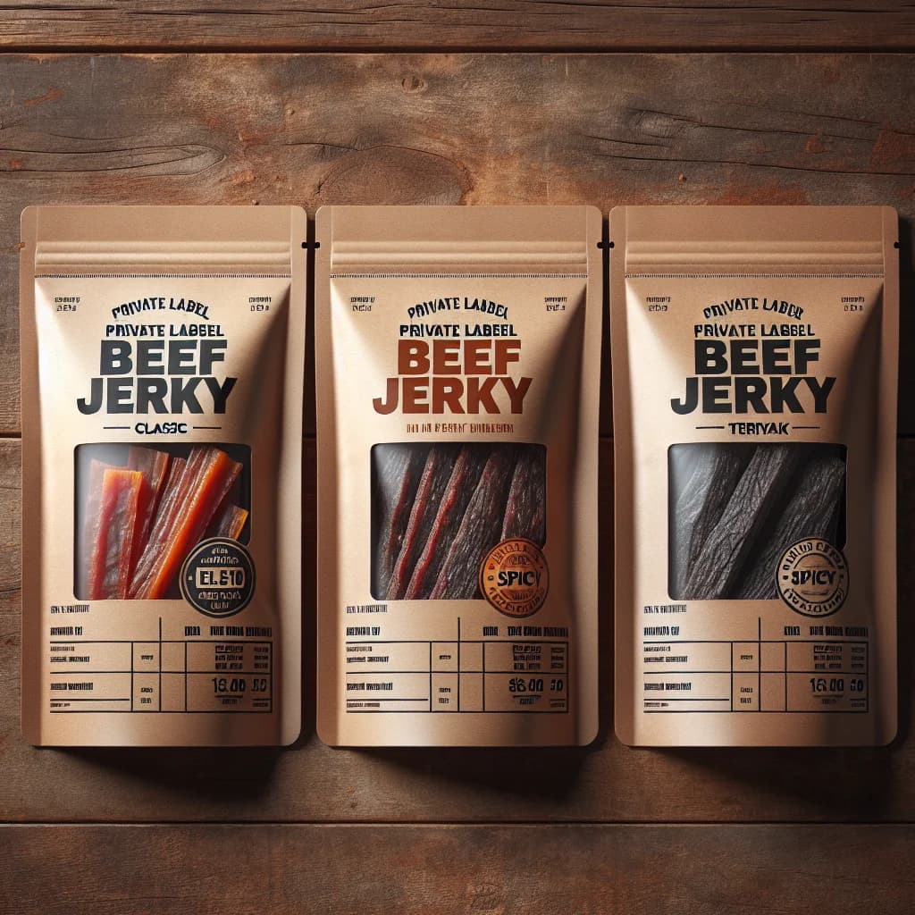 variety of private label beef jerky packaging in bulk on a rustic wood background