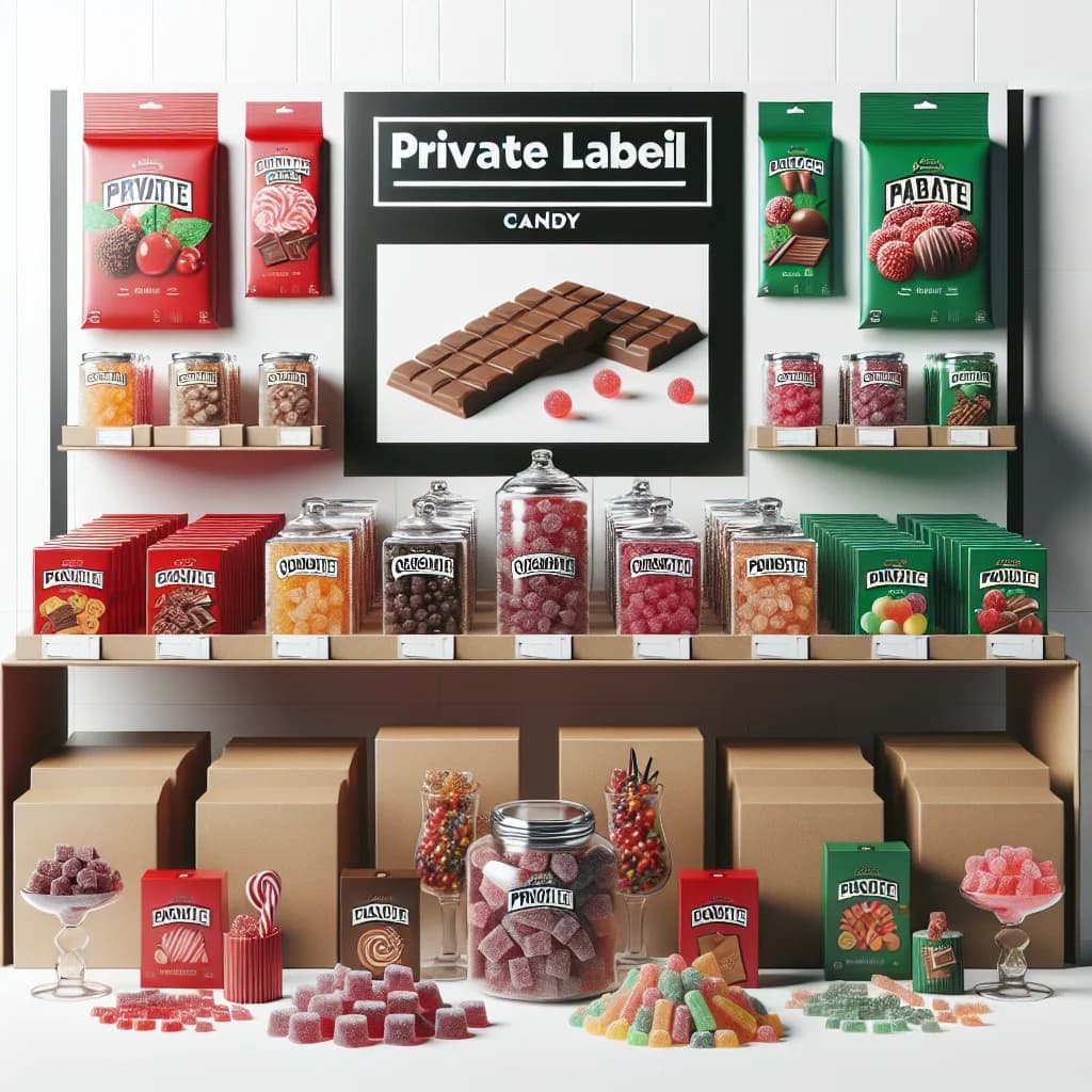 vibrant assortment of private label candy with colorful packaging on a white countertop